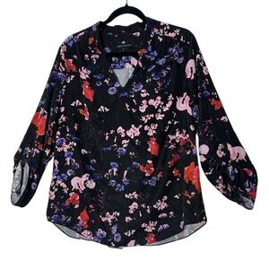 Amanda Uprichard Top Womens Large Black Floral‎ Satin Tunic Roll Tab Sleeves